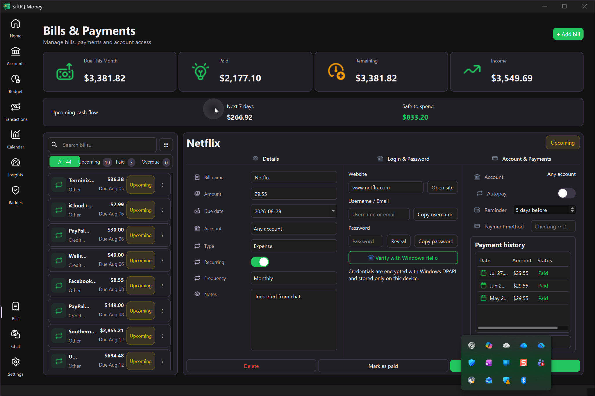 SiftIQ Money Bills and Payments page with bill tracking, cash flow, secure login details, reminders, and payment history